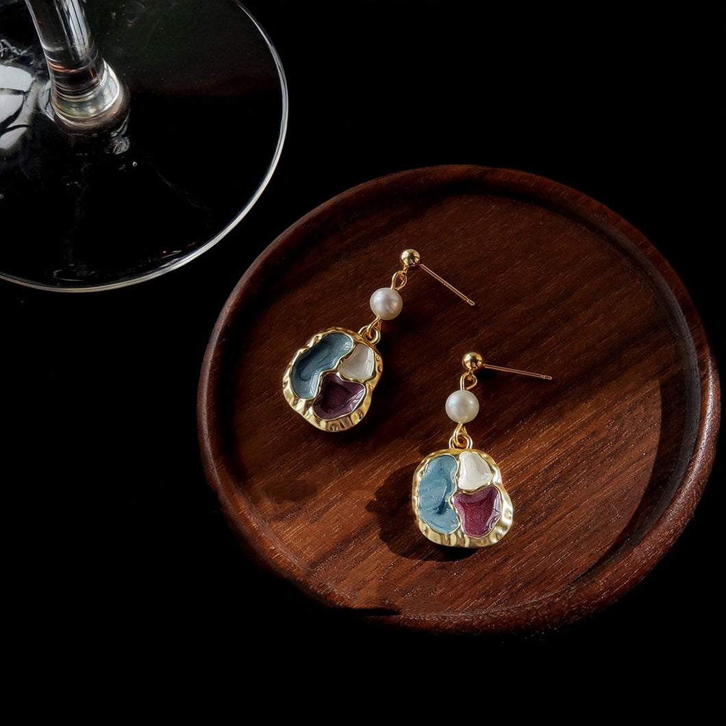 S925 silver pins drops of glaze freshwater pearl retro splicing irregular earrings